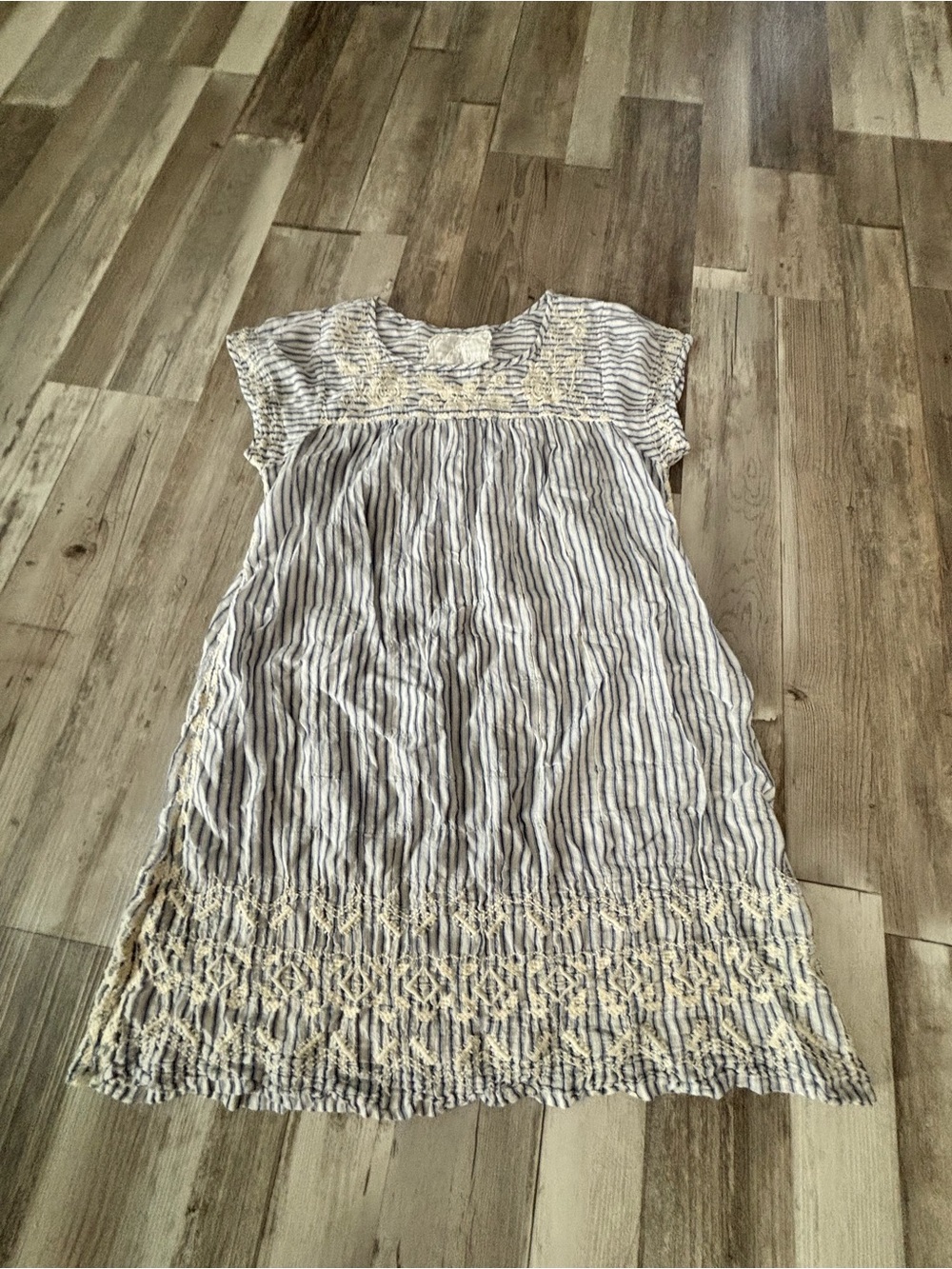 Johnny Was Blue & White Striped Dress with Cream Lace Accents